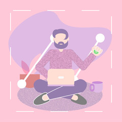 Man Working at Home. Character Sitting in Room, Looking at Computer Screen and making money online. Home Office Concept. Flat Isometric Vector Illustration.