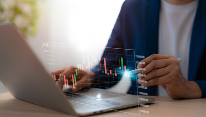 Business financial stock market concept. Businessman analyzing financial data stock market. Business finance stock bar chart Hologram. Business success and growth, economic growth graph.