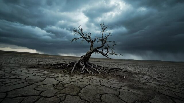 A massive, ancient tree growing upside down in a barren desert, its gnarled roots twisting toward a stormy gray sky.