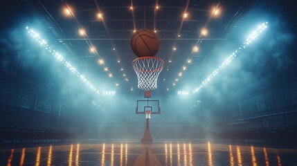 Basketball Court Night Scene:  Dramatic Lighting, Smoky Atmosphere, and the Perfect Shot
