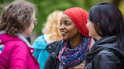 Close-up of women of different ethnicities and ages chatting and laughing together in a park, celebrating diversity and friendship