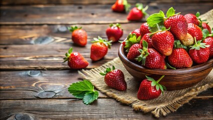 A bowl of ripe strawberries with leaves resting on a rustic wooden surface, showcasing the vibrant red color and natural beauty of fresh fruit.