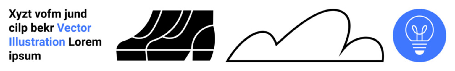 Black shoe sole prints, simplistic cloud outline, and a lightbulb icon in a blue circle. Ideal for innovation, weather, idea creation, hiking, outdoor exploration, digital design flat landing page