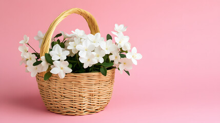 Obraz premium Wicker basket with white flowers on pink background with copy space
