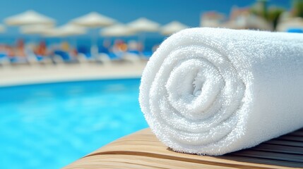 Relaxing poolside scene with rolled towel resort photography sunny environment close-up leisure concept