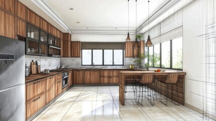 Beautiful Stylish kitchen interior sketch design and drawing with modern furniture. Combination of photo and sketch