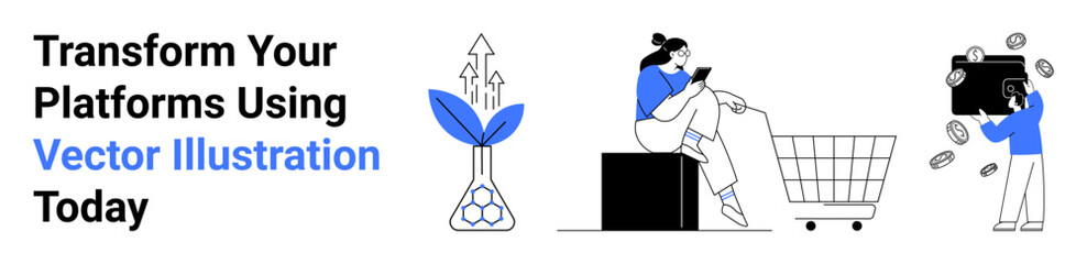 Growth concept with a blooming plant and arrows, a woman shopping via smartphone, and flying cash with a briefcase. Ideal for e-commerce, startups, innovation, digital marketing, growth, fintech