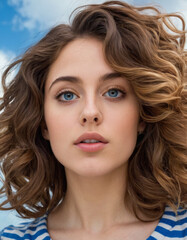 Fototapeta premium Fisheye oil painting of a girl’s face with large, bright blue eyes and windswept curly brown hair. Soft, pale skin with a blush, blue striped top. Swirling blue, white, and yellow background with rich