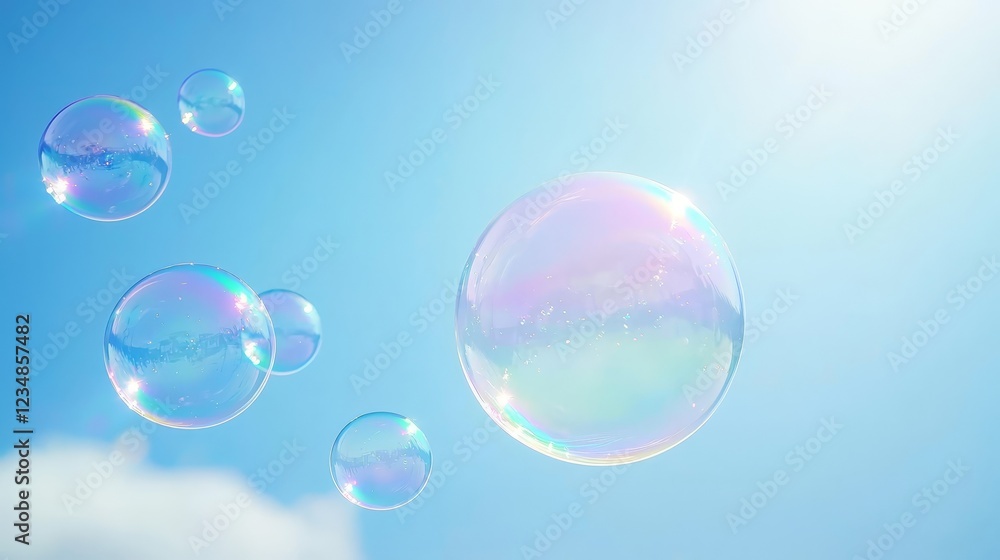 Poster floating soap bubbles, a mesmerizing display of iridescent colors in the gentle breeze