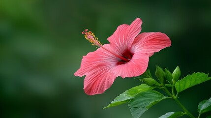 Closeup of a vibrant pink flower blossom with lush green leaves in natural sunlight
