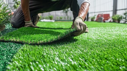 Naklejka na ściany i meble Installing artificial grass in a home garden residential area diy project green environment close-up view landscape design