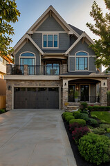 Luxury Modern Home Exterior: Gray Siding, Stone Accents, and Landscaped Yard