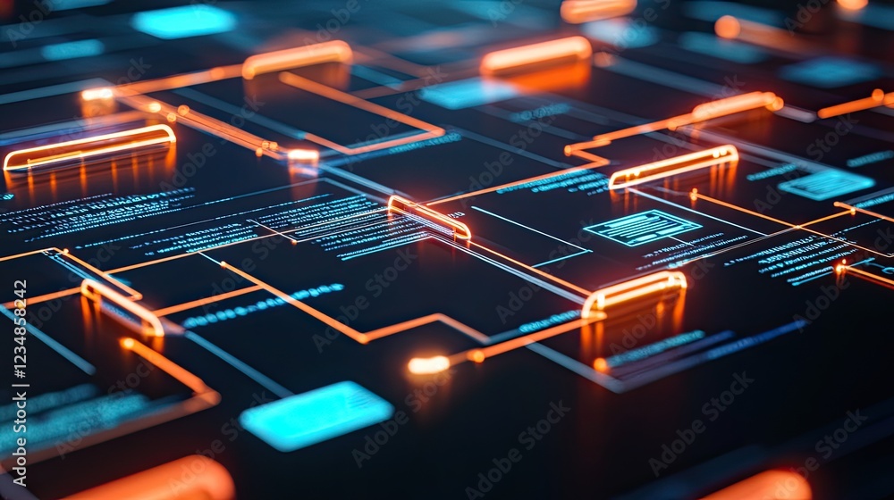 Poster glowing digital network interface, data flow, server room background, tech presentation