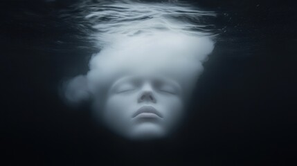 Submerged reflection of a figure underwater surreal dark environment close-up transcendental concept
