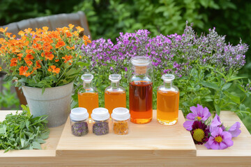 Fresh herbs and colorful flowers arranged with essential oils and extracts, showcasing vibrant garden setting. scene evokes sense of natural beauty and wellness