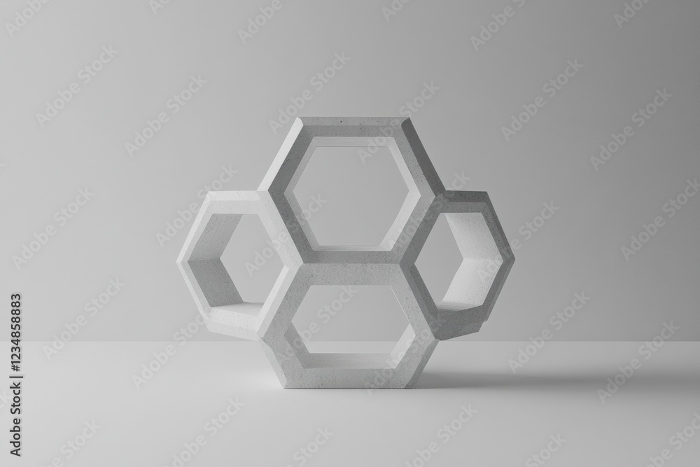 Poster Modern decorative shelf design featuring six geometric hexagons in a minimalistic room. Generative AI