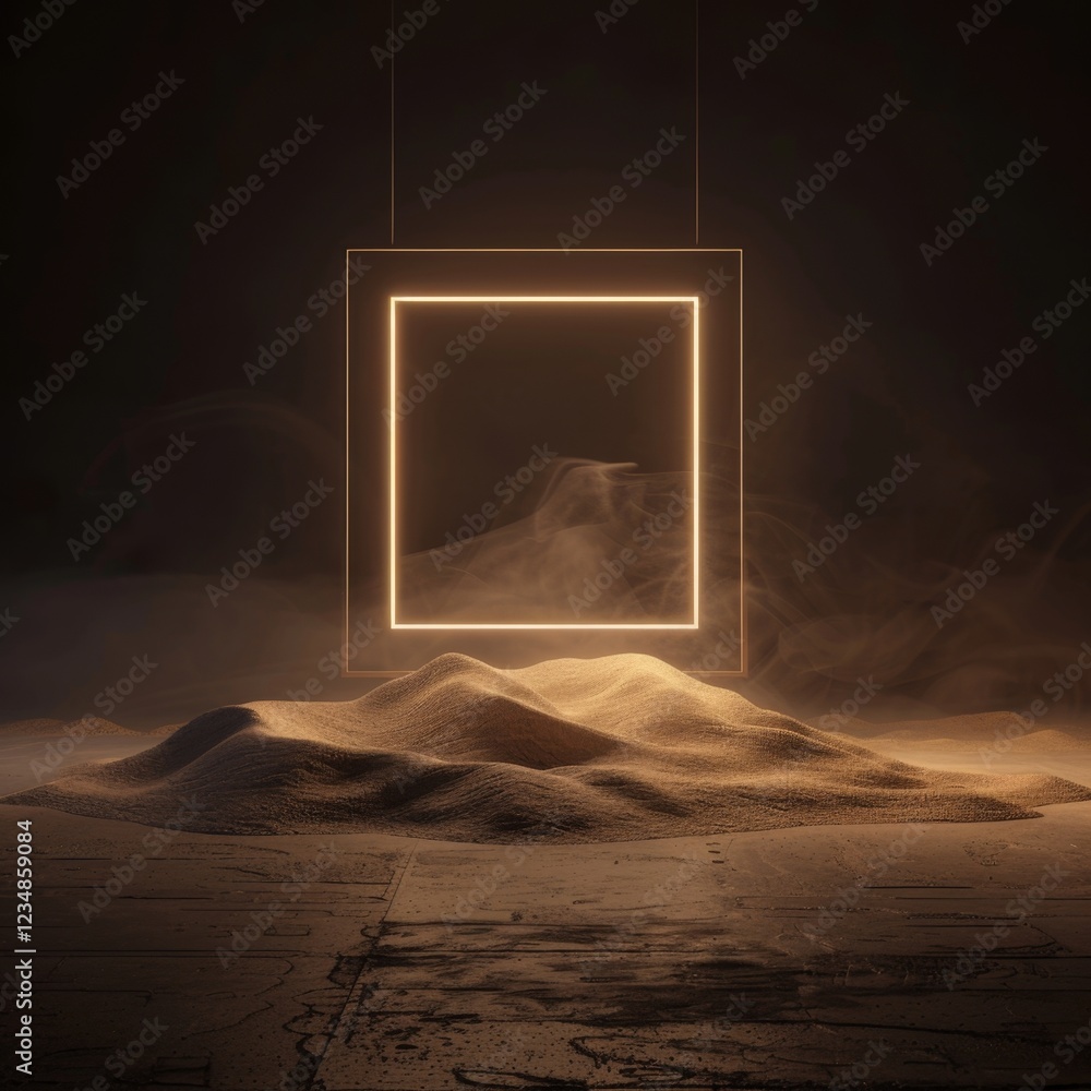 Poster glowing square frame with mist rising from soft sand dunes in mysterious dim light