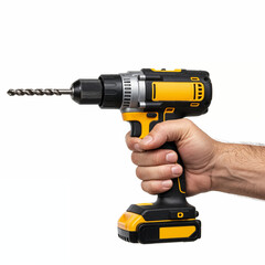 Cordless electric yellow screwdriver drill in hand isolated on white background. Close-up.The concept of construction, repair, electrical equipment, modern tools.