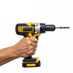 Cordless electric yellow screwdriver drill in hand isolated on white background. Close-up.The concept of construction, repair, electrical equipment, modern tools.
