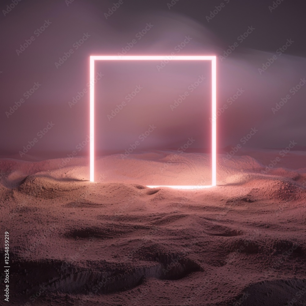 Poster neon light square glowing in a dim and mysterious environment emphasizing modern design