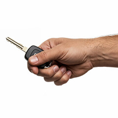 Fototapeta premium Black key of a car in hand isolated on a white background. Car key
