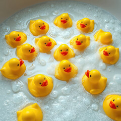 Close-up of a group of yellow rubber ducks bobbing in a fizzy bath, cleanliness, floating, soap