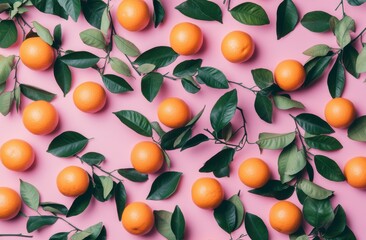 Fresh oranges and leaves arranged on a pink background