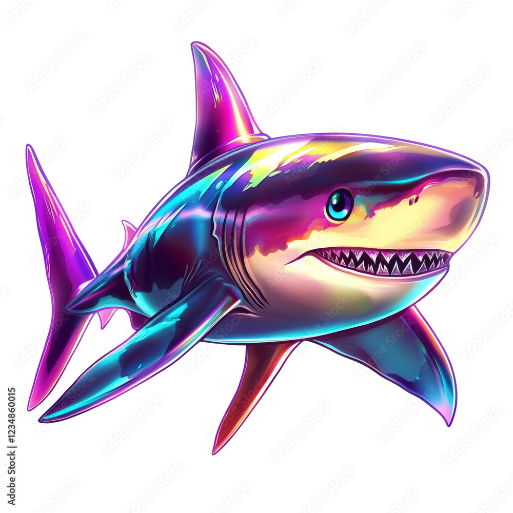Poster a digitally rendered great white shark with an iridescent, rainbow-like sheen, depicted in a dynamic
