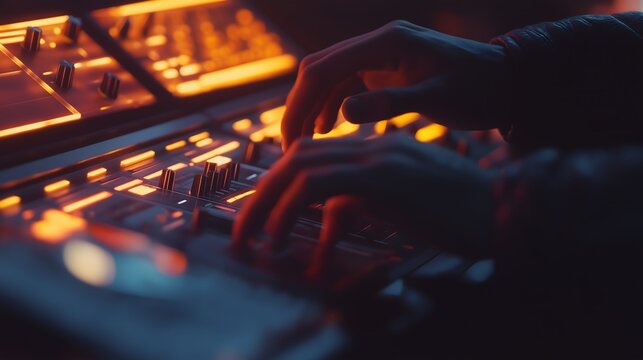 Close-up of a DJ’s hands adjusting sound controls on a professional audio mixer with glowing orange lights, creating an atmospheric and dynamic electronic music production scene