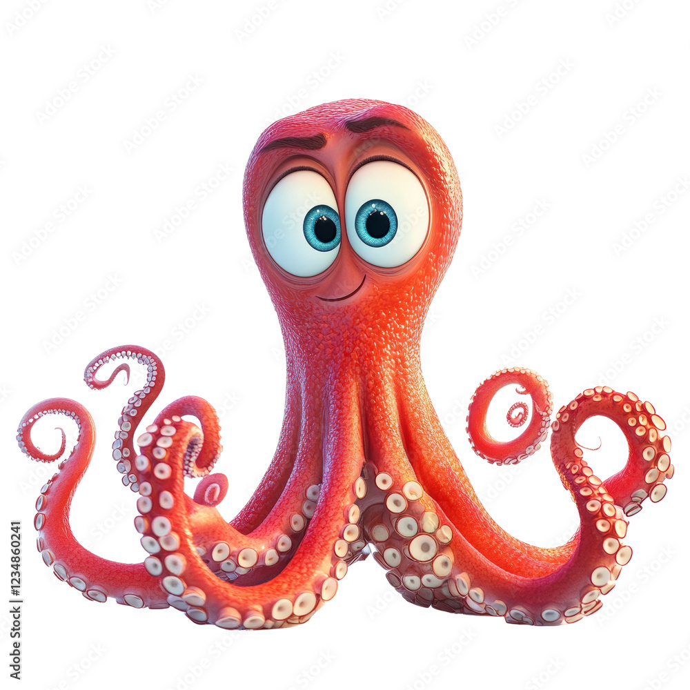 Poster a digitally rendered image of a cute cartoon octopus with large bright blue eyes and a happy express