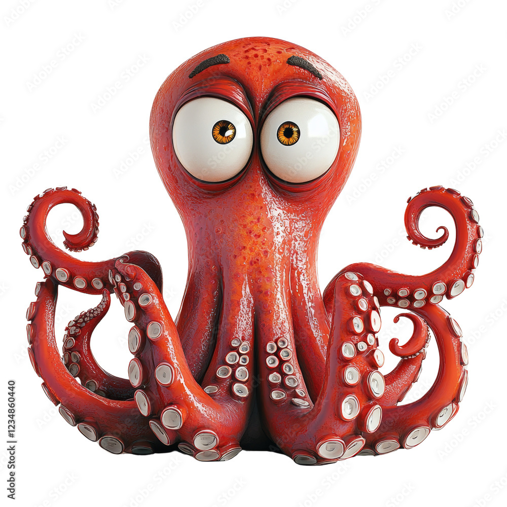 Poster a digitally rendered cartoon octopus with exaggerated features, showcasing a surprised or amazed fac