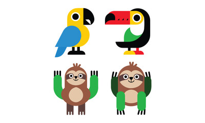 A collection of vector tropical animals with clean lines and vivid colors. There is a parrot with a bright green body and a yellow head. The parrot is wearing