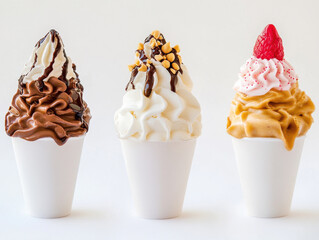 Delicious ice cream cones with chocolate, vanilla, and caramel flavors topped with nuts, chocolate drizzle, and fruit. Perfect for sweet treat