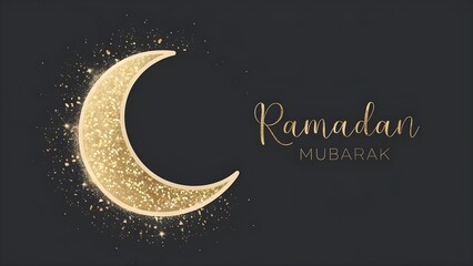Elegant Gold Glitter Crescent Moon for Ramadan Mubarak. A beautiful graphic design featuring a golden glitter crescent moon on a dark gray background.