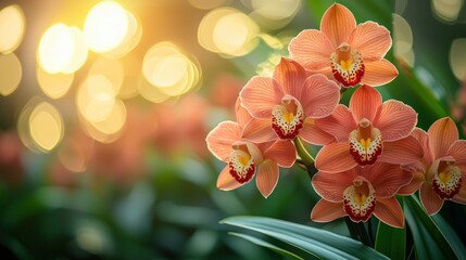 Orange orchids blooming in garden with bokeh sunset light © mlangsen