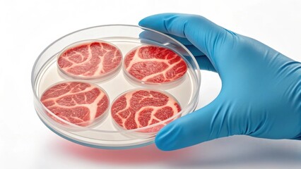 Scientist wearing blue gloves holds a petri dish containing four samples of lab grown meat, showcasing the advancements in cellular agriculture and alternative protein sources