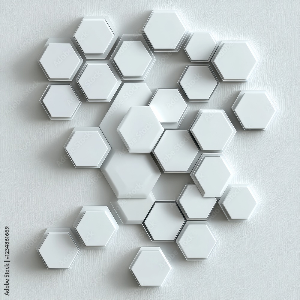 Poster Modern hexagonal tiles arranged artistically on a smooth wall showcasing intricate geometric patterns and textures. Generative AI