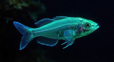 Vibrant underwater scene featuring a translucent fish swimming gracefully