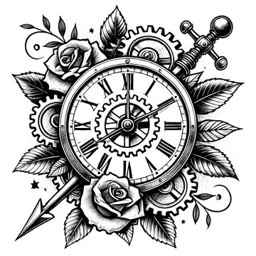 Clock tattoo with gears crossed sketch black and white