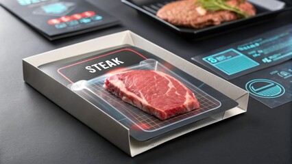 Lab grown meat printing technology producing a perfect cut of steak in a futuristic kitchen setting, showcasing advancements in food production and culinary innovation