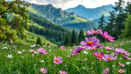 Fototapeta premium A whimsical and dreamy depiction of cosmos flowers blooming in a picturesque meadow surrounded by lush green hills and towering trees, hillside, nature-inspired painting, floral scene