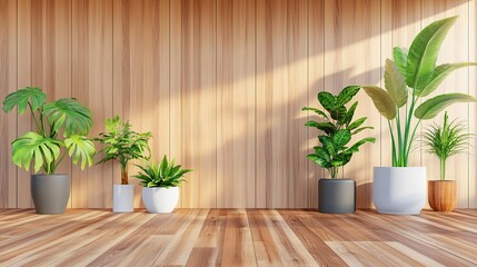 Fototapeta premium Sunlight illuminates indoor plants against wooden wall