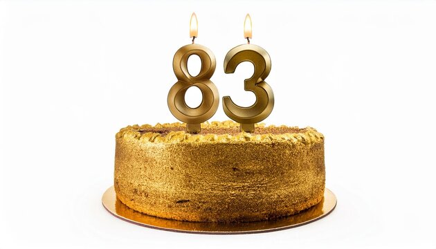 Decorated gold cake for birthday or anniversary party, candle number 83, white background