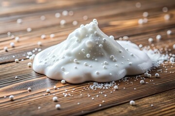 Close-up of white slime on a wooden table with tiny specks of powder scattered around it, object, environment, fine dust, surface, goo