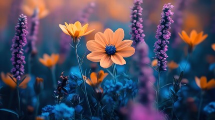 Obraz premium Orange wildflowers bloom in vibrant meadow at sunset