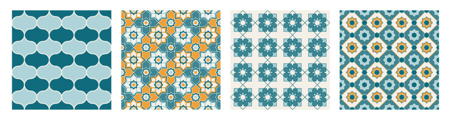 Collection of Arabic geometric mosaic printable seamless pattern with abstract Moroccan print in blue and orange colors. Ramadan Kareem Traditional Islamic art Illustration background