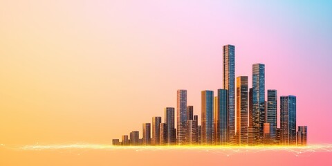 Obraz premium Illuminated Cityscape at Sunset Pastel Sky, Golden Lights, and Skyscrapers