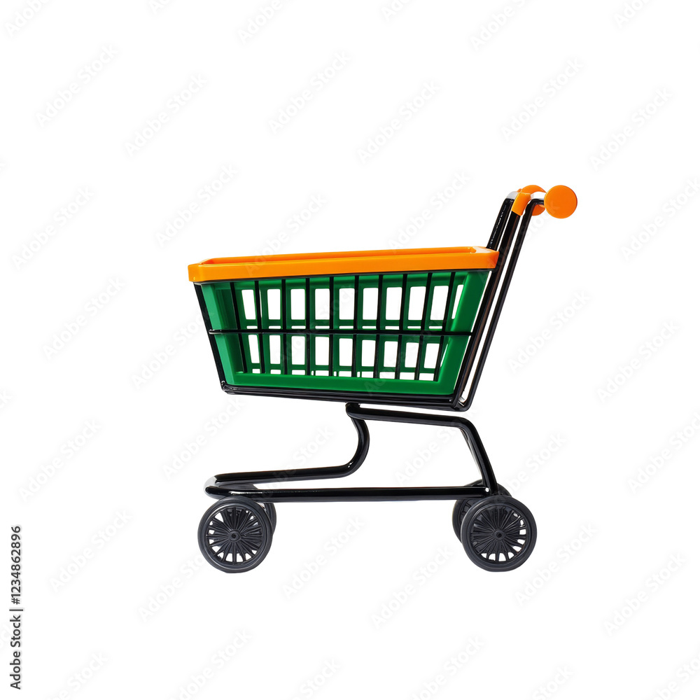 Poster an isolated image showcases a small green and orange shopping cart against a black backdrop.