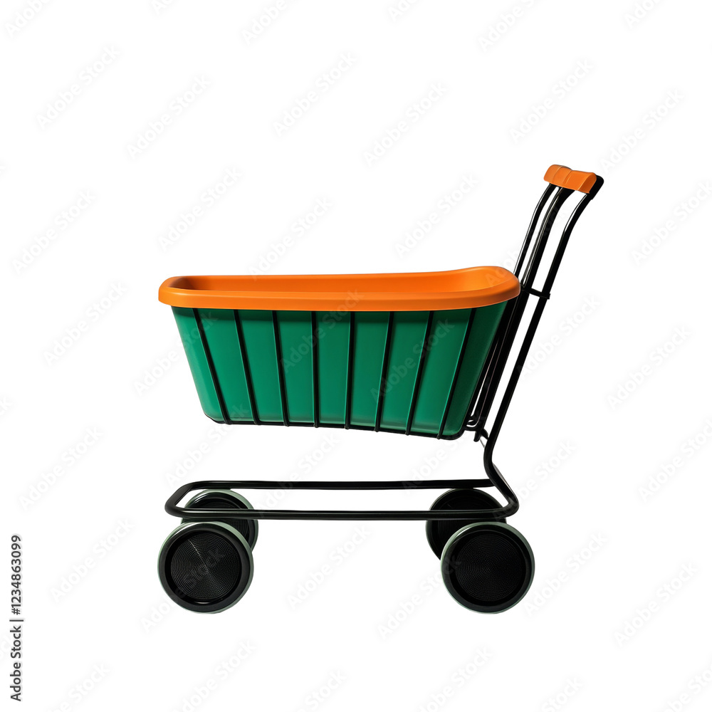 Poster an isolated image of a small, empty shopping cart with a teal basket and orange trim against a black