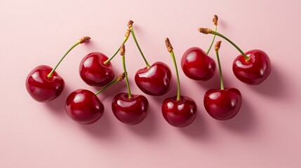 Vibrant and Realistic Dark Red Cherries with Bright Green Stems Arranged on a Soft Pink Background, Sunlight Casting Long, Clear Shadows, Adding Depth and a Fresh, Delicious Vibe to the Image